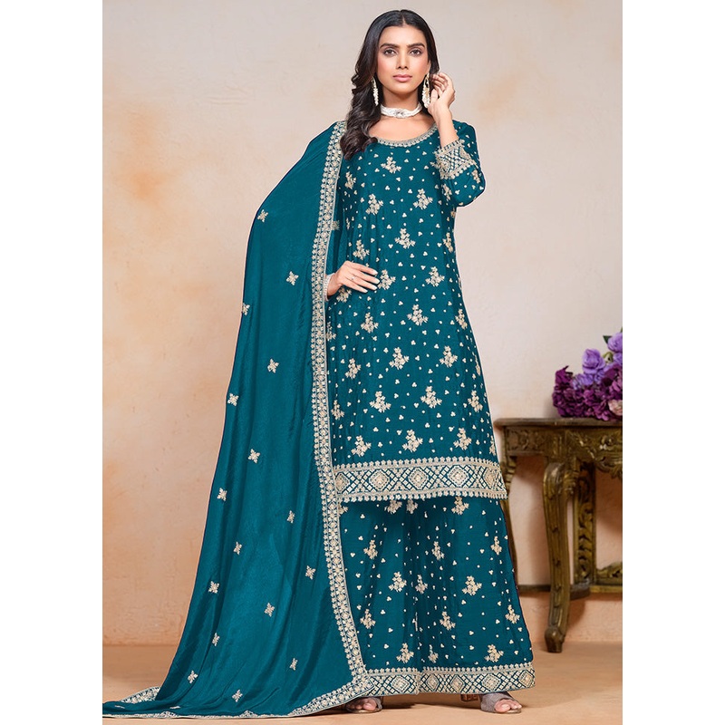 3 Pc Teal Semi Stitched Silk Suit Set - JD986603273