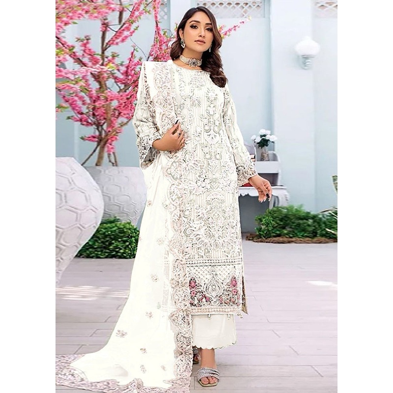 3 Pc White Semi Stitched Georgette Suit Set - JD986603272