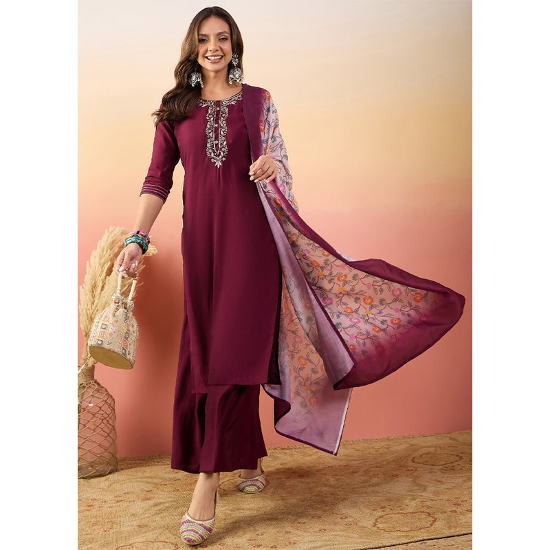 3 Pc Wine Pure Readymade Silk Suit Set - JD986603248