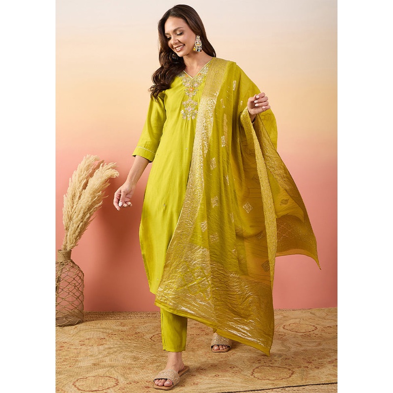 3 Pc Yellow Pure Readymade Silk Suit Set - JD986603246