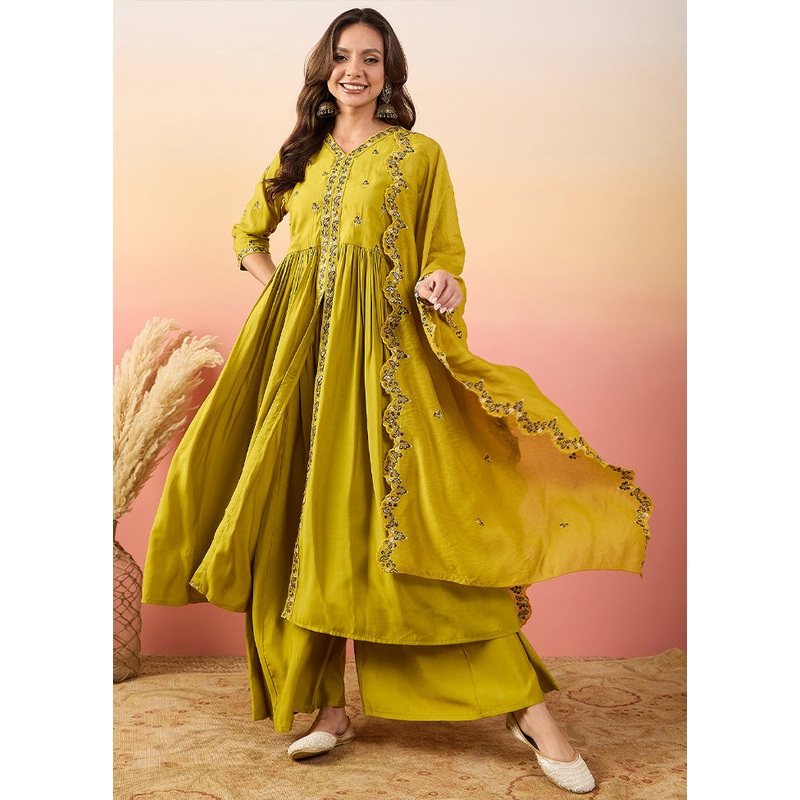 3 Pc Yellow Pure Readymade Silk Suit Set - JD986603247