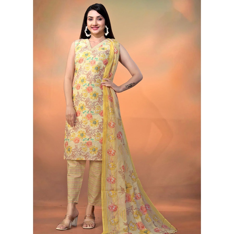 3 Pc Yellow Readymade Cotton Long Kurti Set - JD986603245