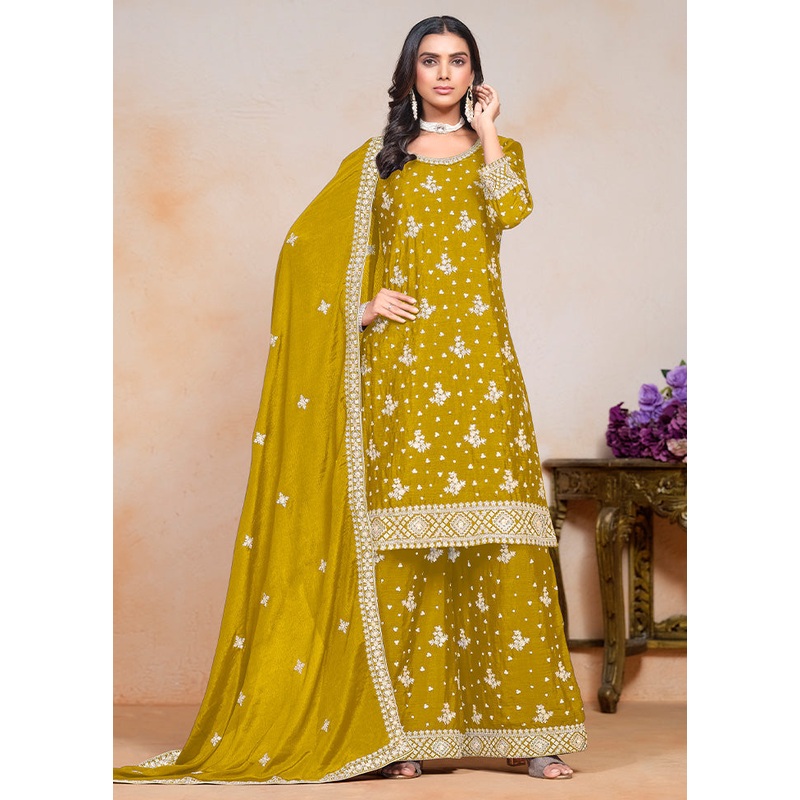 3 Pc Yellow Semi Stitched Silk Suit Set - JD986603270