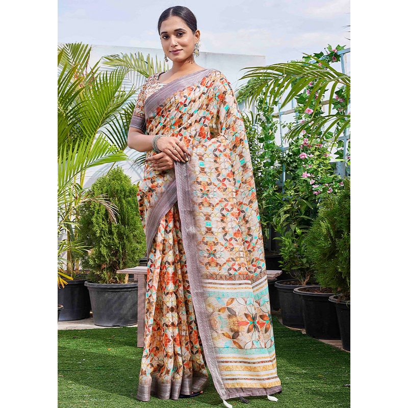 Beige Linen Silk Saree With Blouse Piece - JD986603145