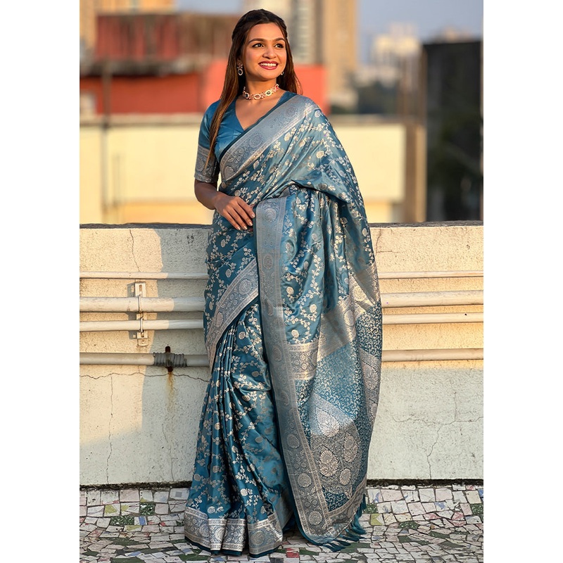 Blue Banarasi Silk Saree With Blouse Piece - JD986603141