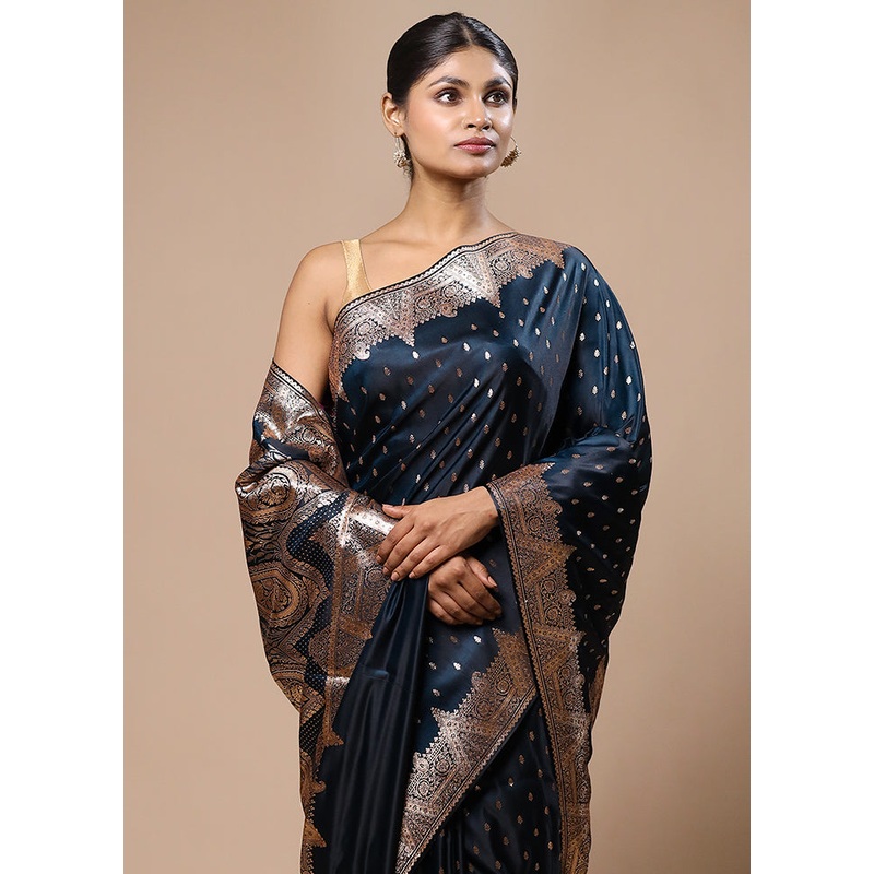 Blue Banarasi Silk Saree With Blouse Piece - JD986603227