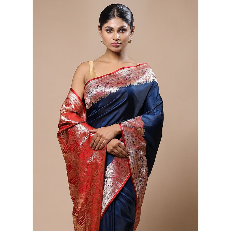 Blue Banarasi Silk Saree With Blouse Piece - JD986603228