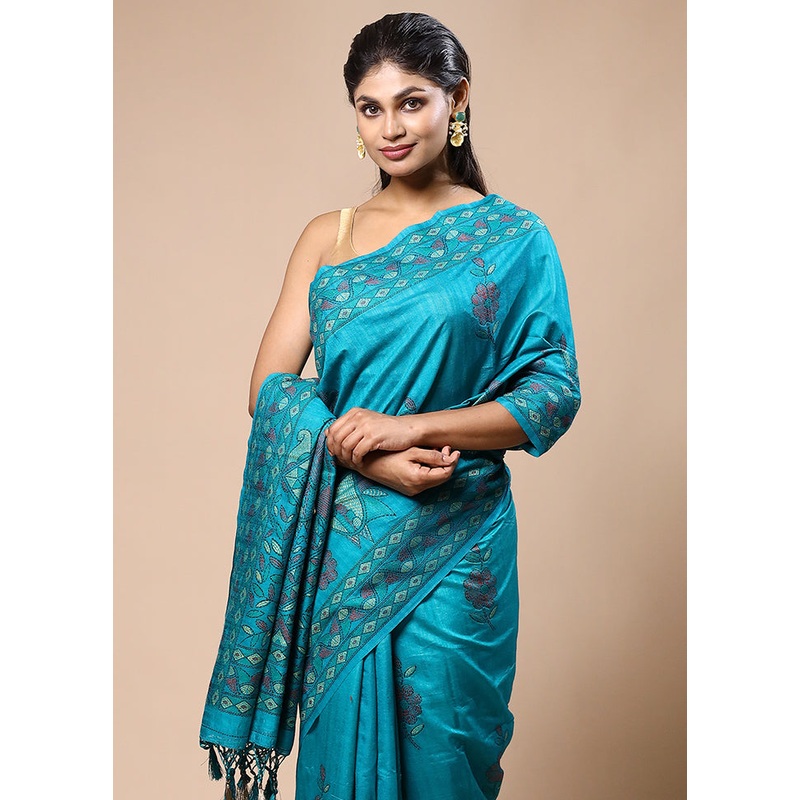 Blue Dupion Silk Saree With Blouse Piece - JD986603224