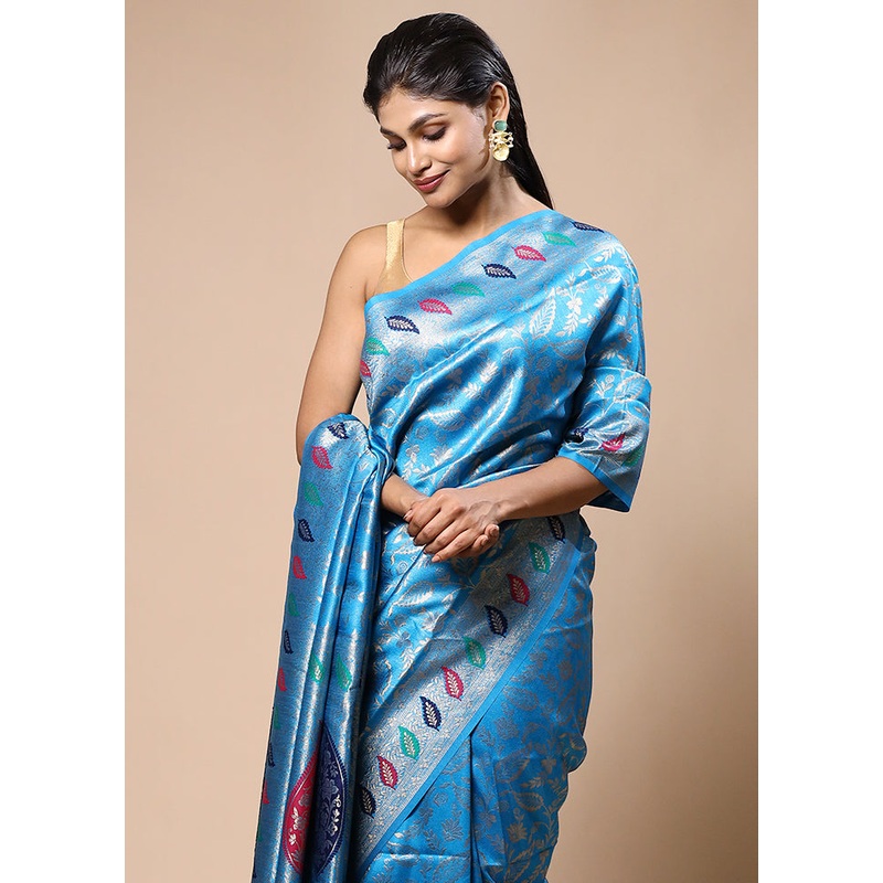 Blue Dupion Silk Saree With Blouse Piece - JD986603225
