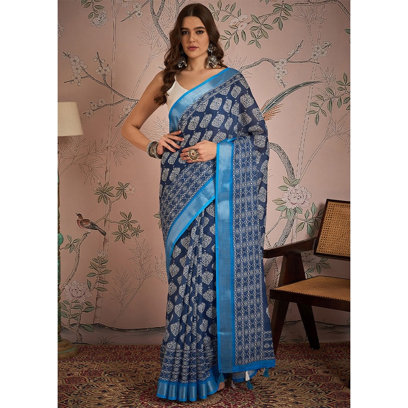 Blue Linen Silk Saree With Blouse Piece - JD986603139