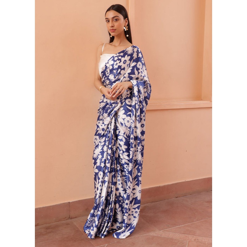 Blue Satin Silk Saree With Blouse Piece - JD986603138