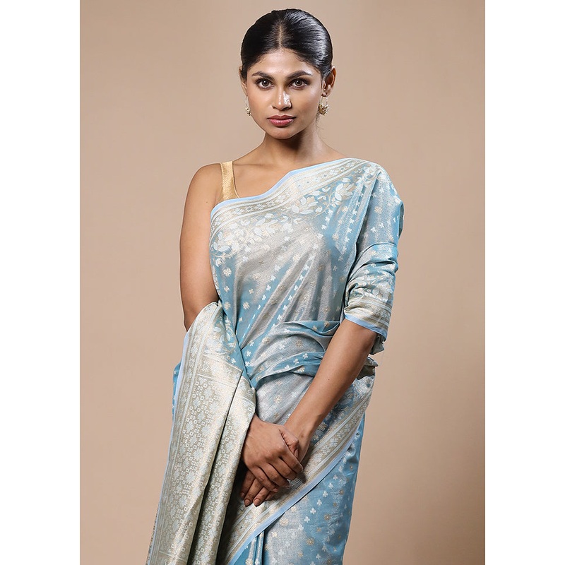 Blue Tissue Silk Saree With Blouse Piece - JD986603213