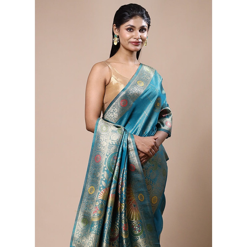 Blue Tissue Silk Saree With Blouse Piece - JD986603214