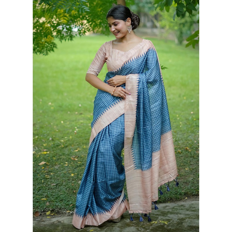 Blue Tussar Silk Saree With Blouse Piece - JD986603135