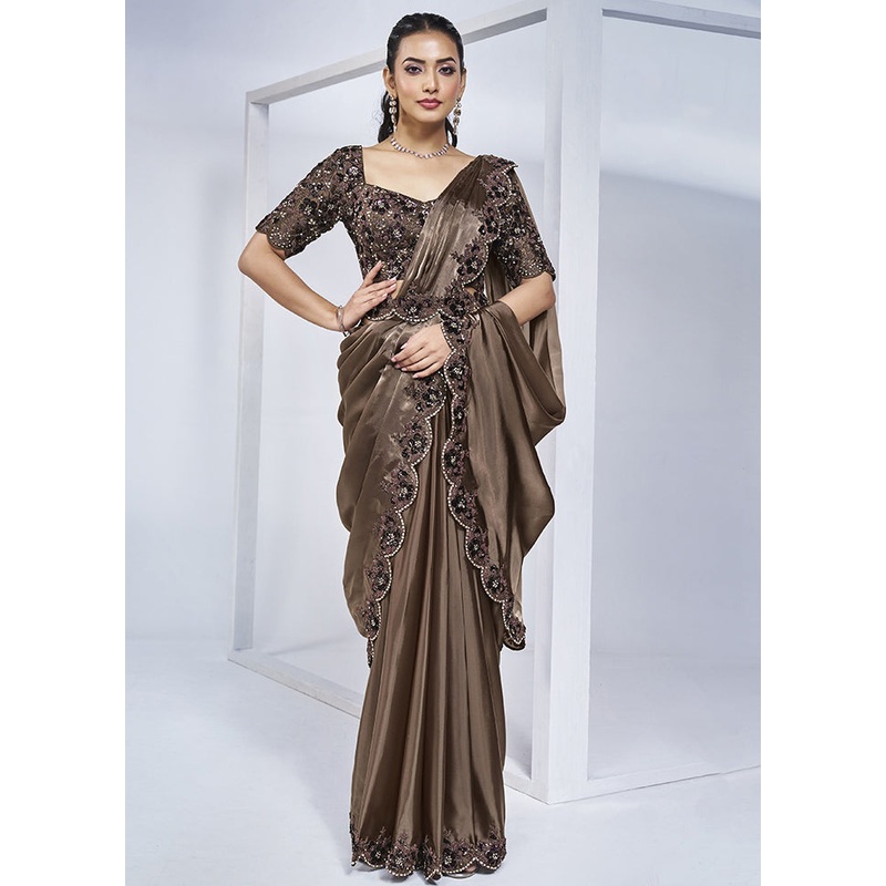 Brown Crepe Silk Saree With Blouse Piece - JD986603134
