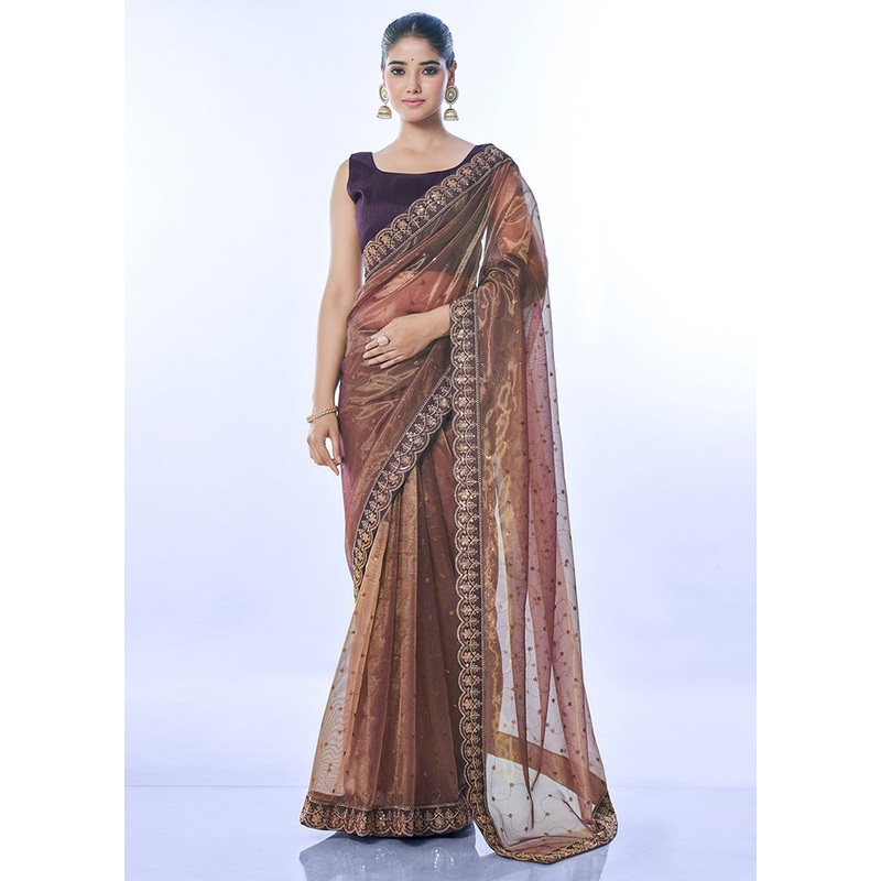 Brown Net Saree With Blouse Piece - JD986603132