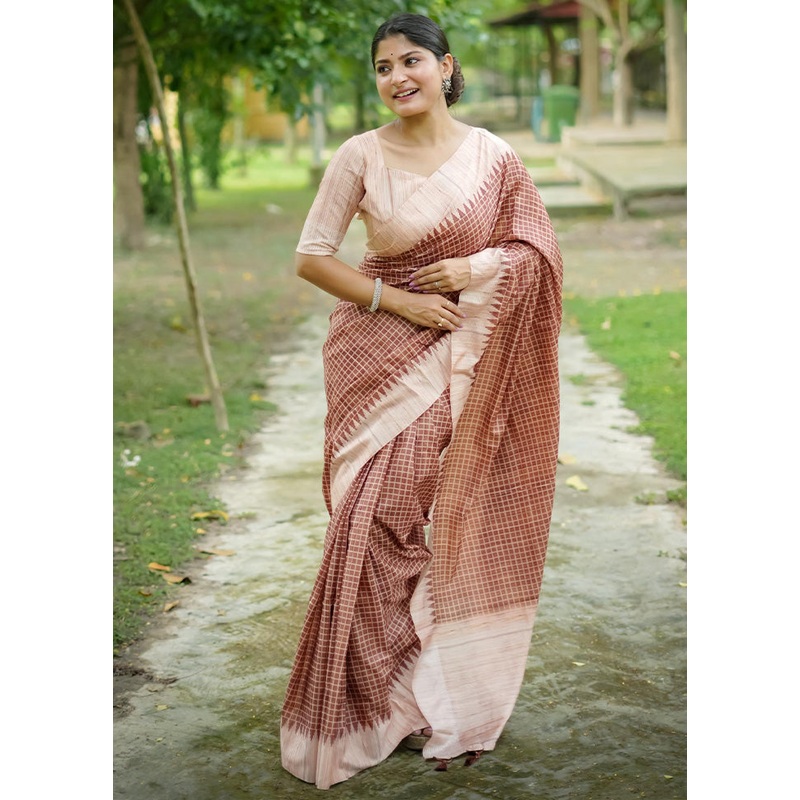 Brown Tussar Silk Saree With Blouse Piece - JD986603129
