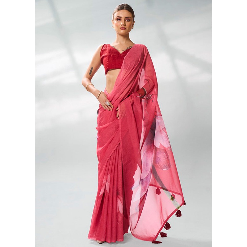 Burgundy Organza Saree With Blouse Piece - JD986603127