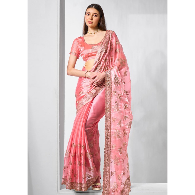 Coral Spun Silk Saree With Blouse Piece - JD986603125