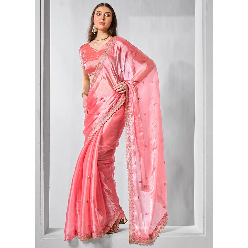 Coral Spun Silk Saree With Blouse Piece - JD986603126
