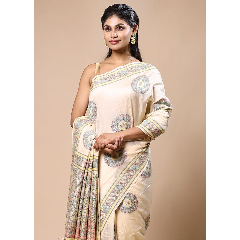 Cream Dupion Silk Saree With Blouse Piece - JD986603210