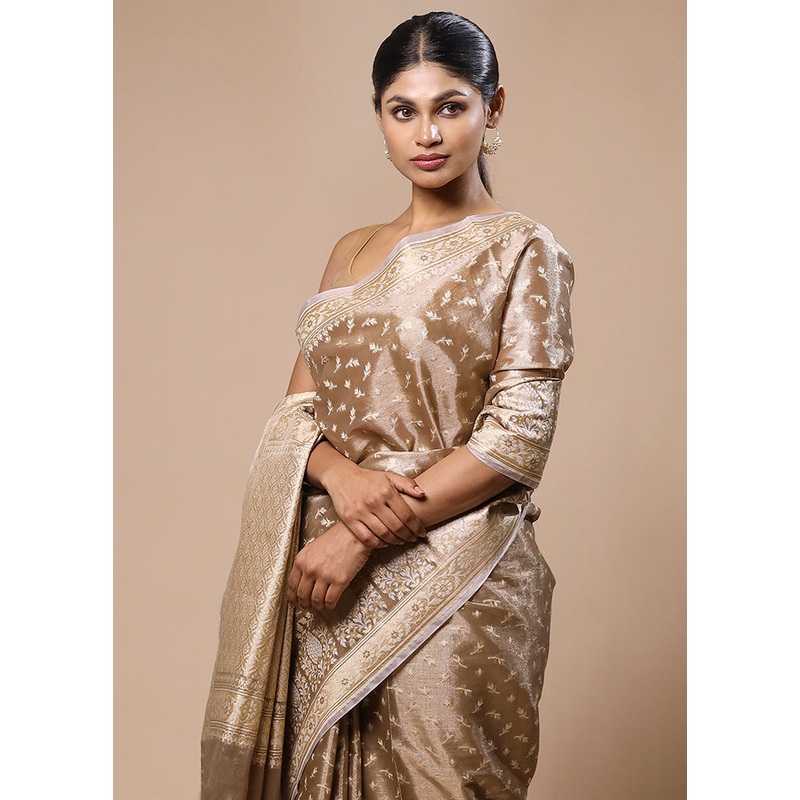 Cream Tissue Silk Saree With Blouse Piece - JD986603207