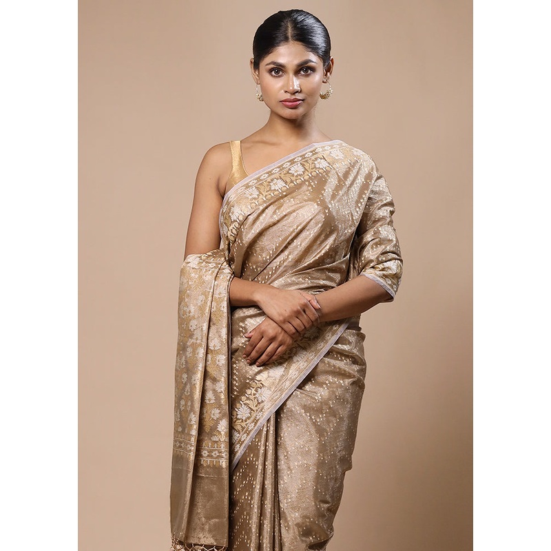 Cream Tissue Silk Saree With Blouse Piece - JD986603208