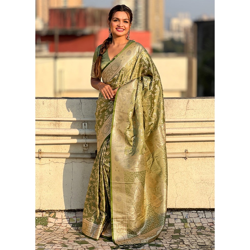 Green Banarasi Silk Saree With Blouse Piece - JD986603123