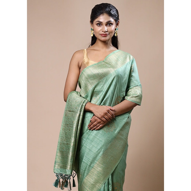 Green Dupion Silk Saree With Blouse Piece - JD986603201