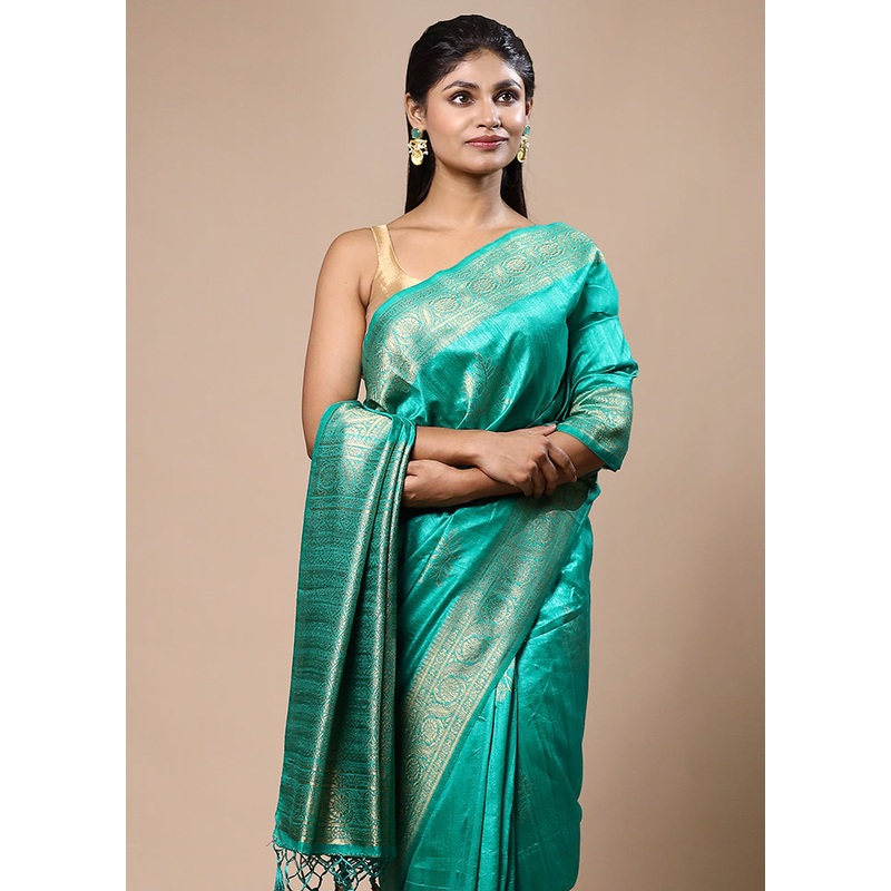 Green Dupion Silk Saree With Blouse Piece - JD986603202