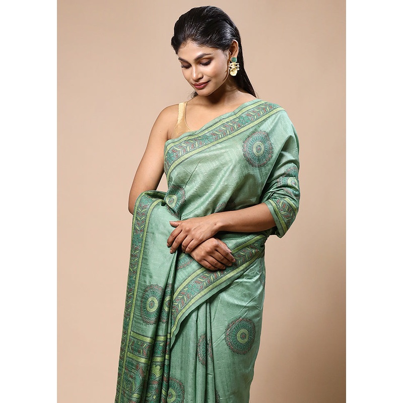 Green Dupion Silk Saree With Blouse Piece - JD986603203