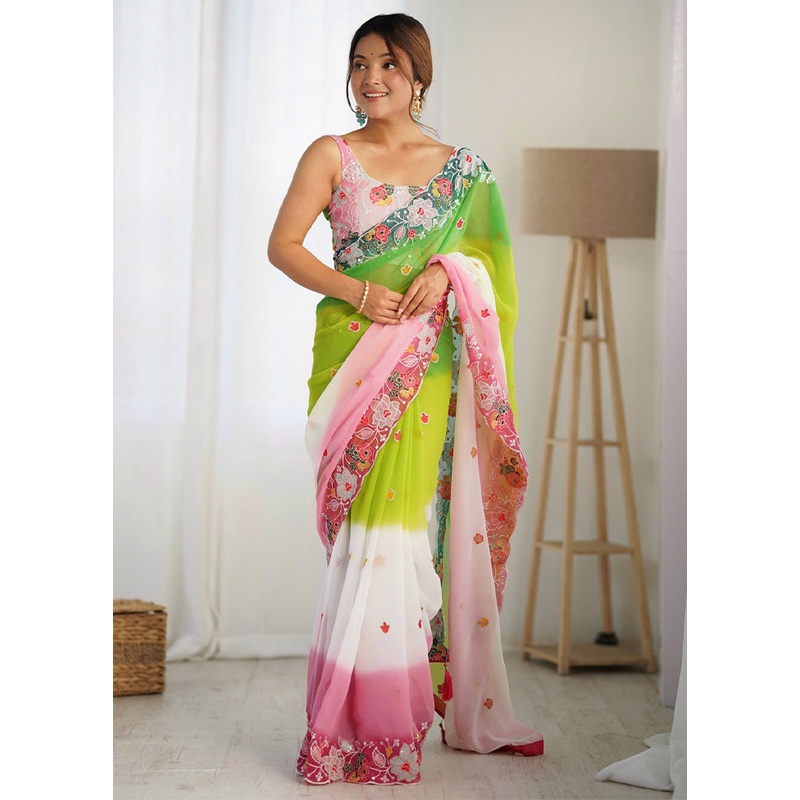 Green Georgette Saree With Blouse Piece - JD986603120