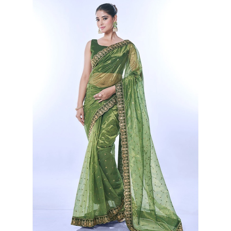 Green Net Saree With Blouse Piece - JD986603119