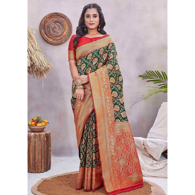 Green Spun Silk Saree With Blouse Piece - JD986603115