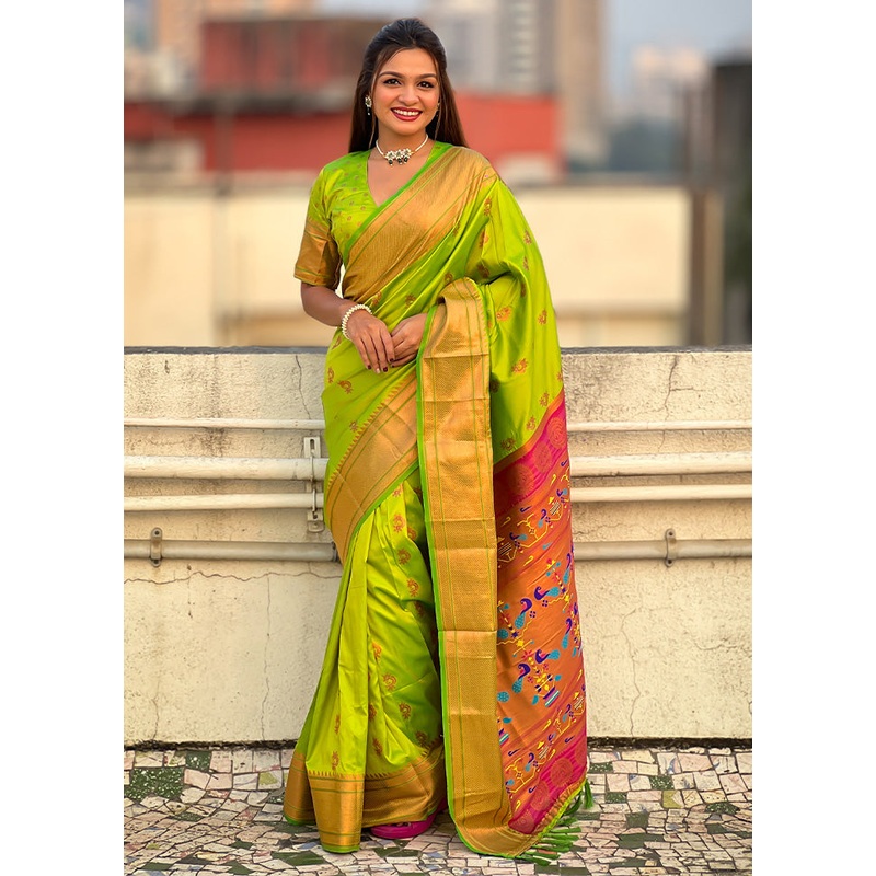 Green Spun Silk Saree With Blouse Piece - JD986603117