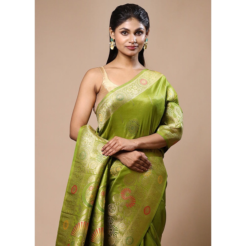 Green Tissue Silk Saree With Blouse Piece - JD986603182