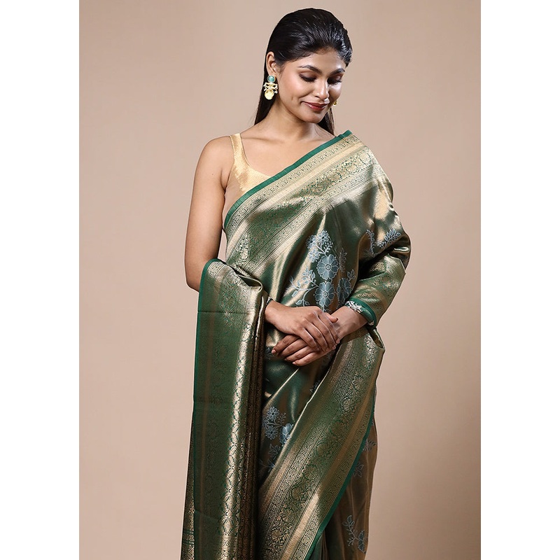 Green Tissue Silk Saree With Blouse Piece - JD986603183