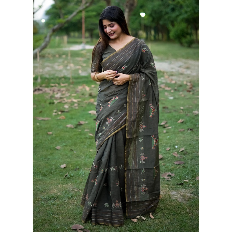 Green Tussar Silk Saree With Blouse Piece - JD986603114