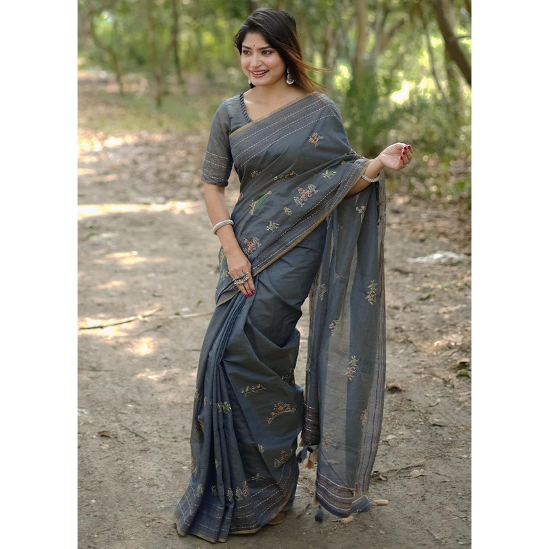 Grey Tussar Silk Saree With Blouse Piece - JD986603113