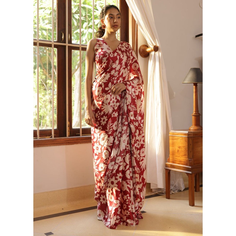 Maroon Satin Silk Saree With Blouse Piece - JD986603104