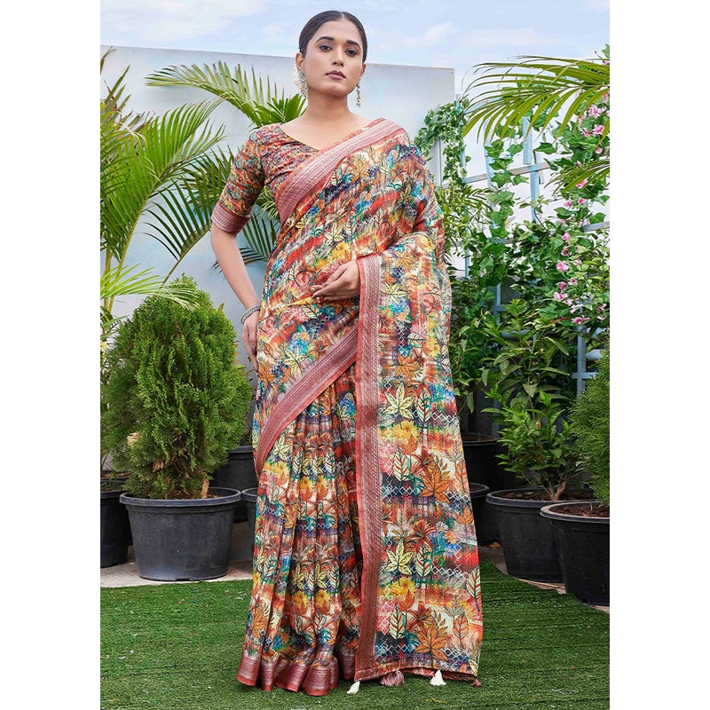 Multicolor Linen Silk Saree With Blouse Piece - JD986603101