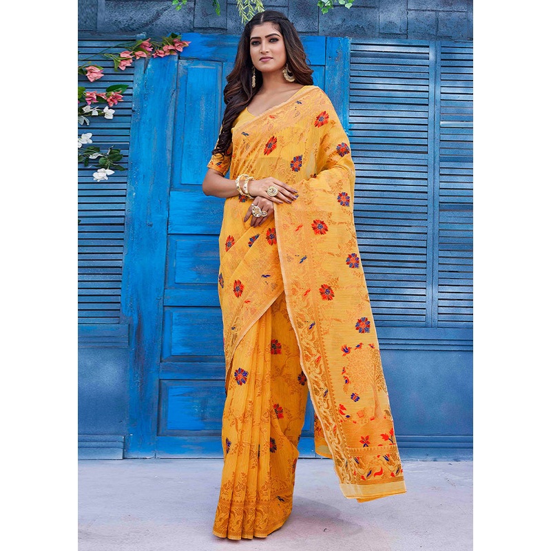 Mustard Spun Silk Saree With Blouse Piece - JD986603095