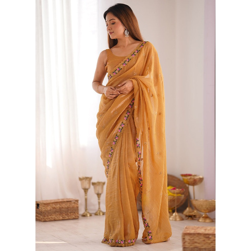 Mustard Spun Silk Saree With Blouse Piece - JD986603097