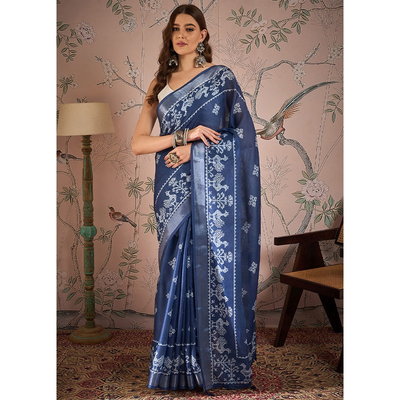 Navy Blue Linen Silk Saree With Blouse Piece - JD986603094