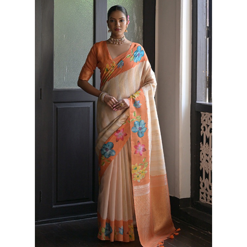 Orange Spun Silk Saree With Blouse Piece - JD986603089