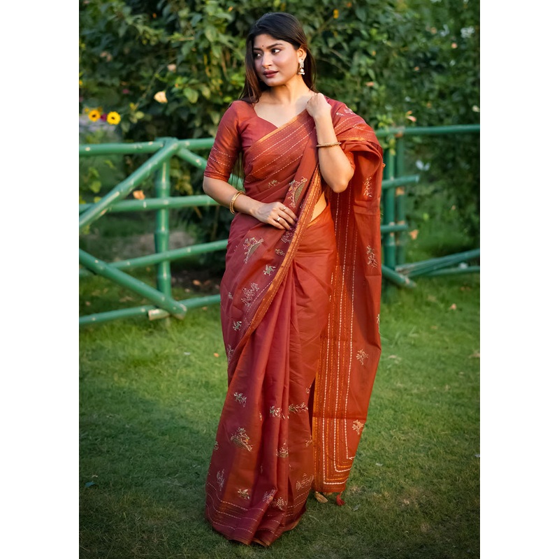 Orange Tussar Silk Saree With Blouse Piece - JD986603088