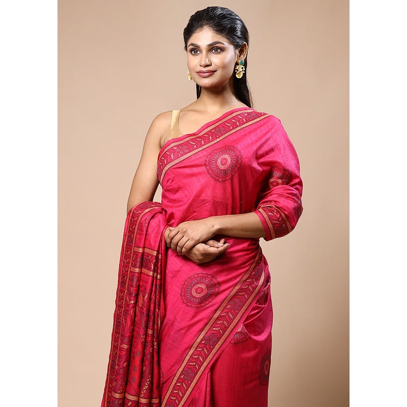 Pink Dupion Silk Saree With Blouse Piece - JD986603167