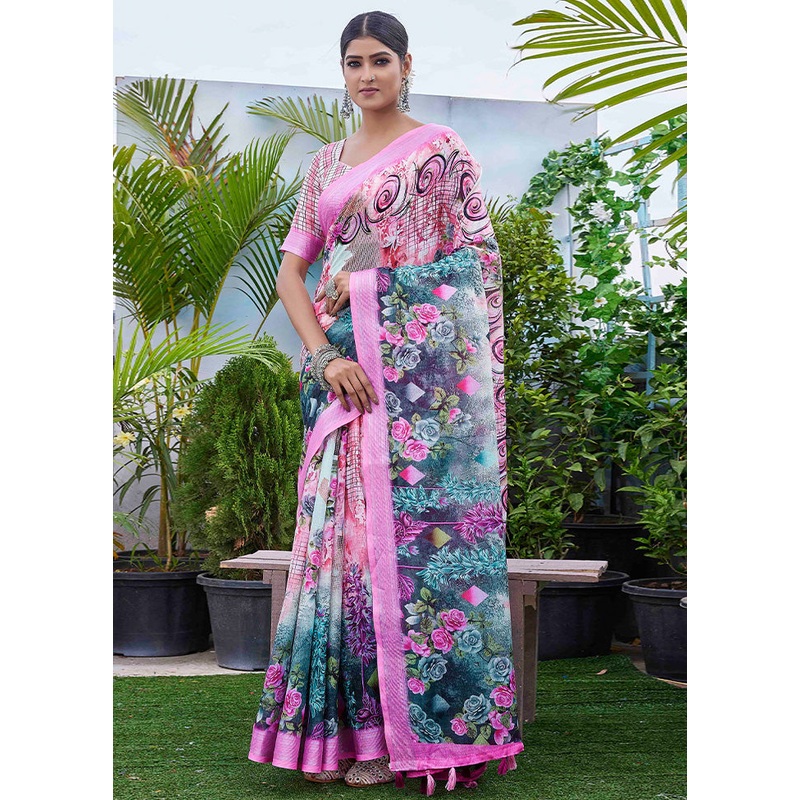 Pink Linen Silk Saree With Blouse Piece - JD986603081