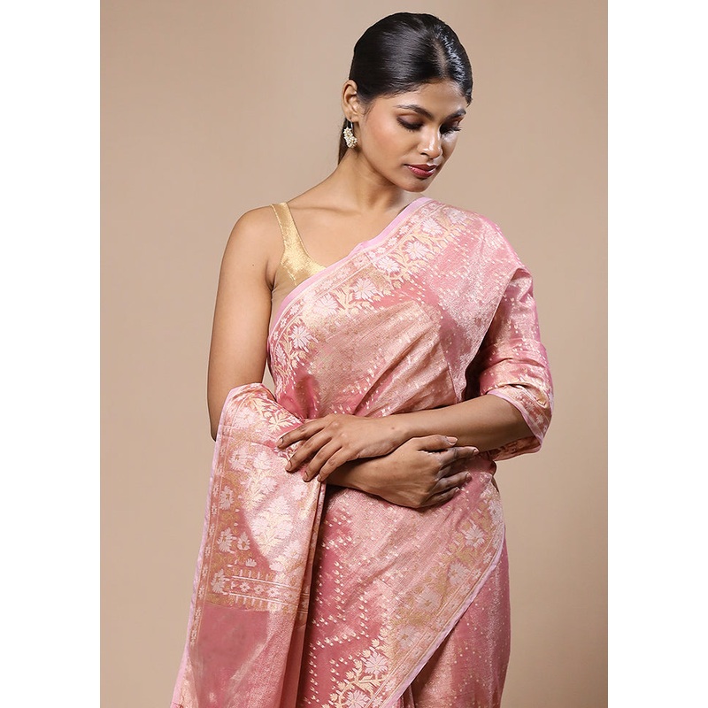 Pink Tissue Silk Saree With Blouse Piece - JD986603158
