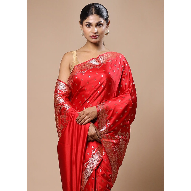 Red Banarasi Silk Saree With Blouse Piece - JD986603153